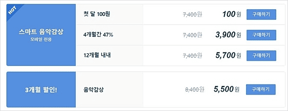 지니뮤직 이용권 요금제 안내 화면
