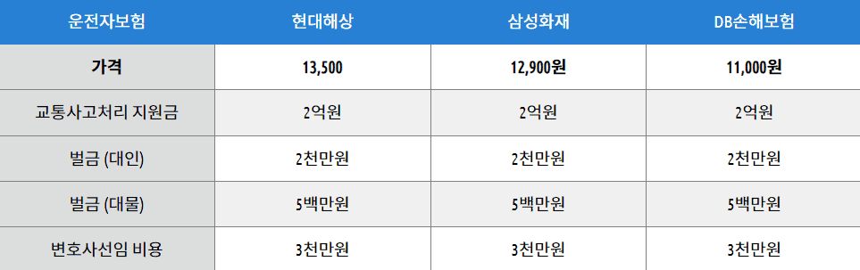 보험사별 운전자보험 보장 항목 비교