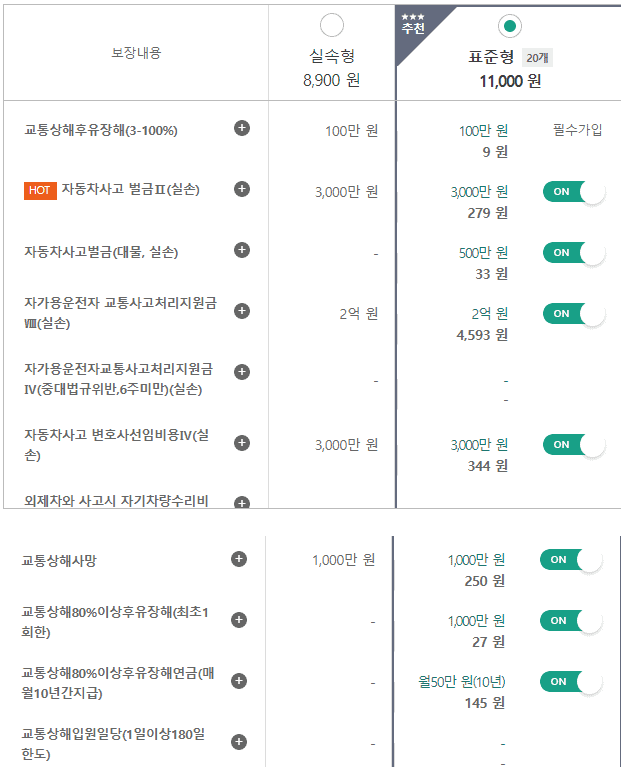보험사별 운전자보험 담보 구성 비교 화면