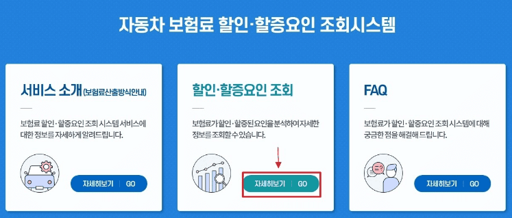 보험개발원 사이트에서 할인할증요인 조회 메뉴를 선택하는 화면